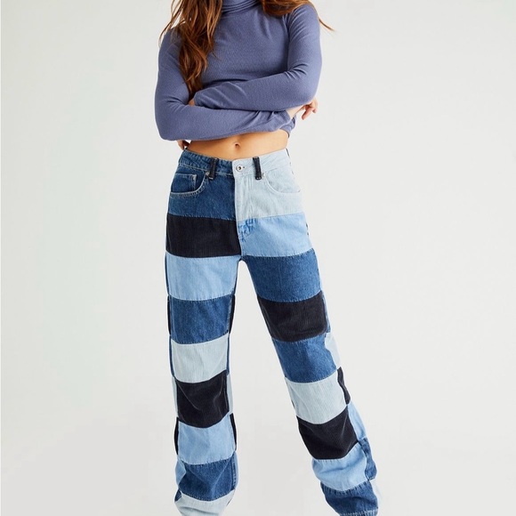 Free People Multi-Blue Patchwork Straight Leg Jeans